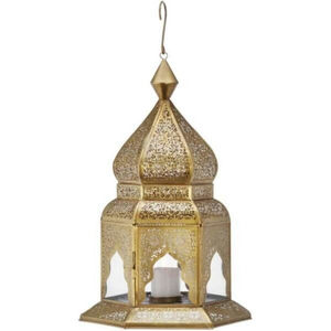 Lanterne suspendue marocaine artisanale en laiton avec finition or antique, porte-bougie en métal et verre de haute qualité, vente en gros - Product Image 1