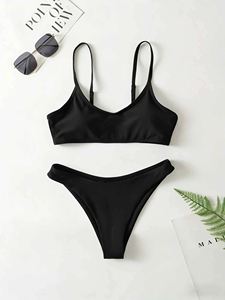 Bikini con tirantes ajustables para mujer – Traje de baño de dos piezas de color liso y corte ajustado para playa y piscina - Product Image 1