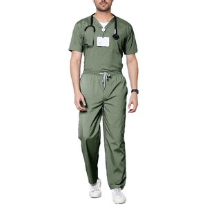 Ensemble de blouses médicales pour hommes, vert olive, col en V, coton et polyester tissé, pantalon d'uniforme d'hôpital - Product Image 1