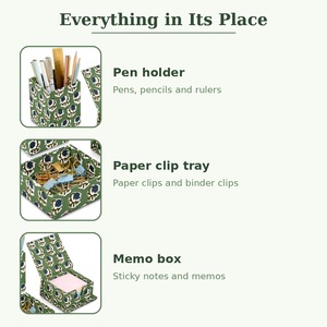 Organizador de Escritorio de Madera de Dos Niveles con Estampado Artesanal RIDHI, Juego de 3 Portaplumas, Bandeja para Clips, Caja para Notas - Tela Floral Azul Verde - Product Image 5