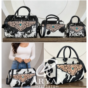 <b>Large</b> Handmade Western Tooled Leather Cowhide Speedy Bag Floral Carved with Turquoise <b>Stone</b> Cowgirl Travel Duffel Overnight Bags - Product Image 1