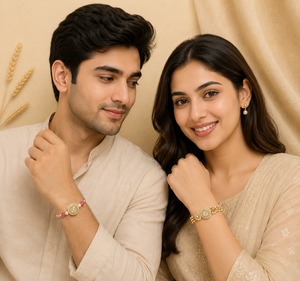 Designer <b>Couple</b> Rakhi <b>Bracelet</b> Set Pearl Stone Bhai Bhabhi Raksha Bandhan Traditional Festival Gift for Family Handmade Ethnic - Product Image 2