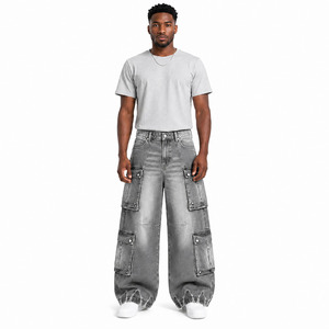Pantalon cargo en jean ample et large pour homme avec logo personnalisé, gris chiné délavé, multi-poches, style workwear minimaliste, OEM ODM - Product Image 3