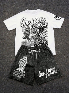 Ensemble streetwear pour homme God Loves World, t-shirt blanc, short rouge, col rond uni, 100% coton, respirant, séchage rapide, vêtements d'été - Product Image 4
