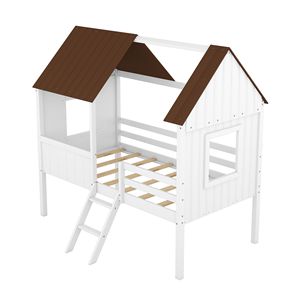 Letto a soppalco basso in legno per bambini con due finestre laterali (Bianco e Marrone) (Vecchio SKU LP000037AAD) - Product Image 4