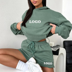 Conjunto de 2 Piezas de Pantalones Cortos con Estampado Sólido Estilo Hip Hop de Invierno, Pantalones de Cintura Alta con Cordón, Sudadera con Capucha y Cremallera, Forro Polar de Poliéster/Algodón - Product Image 3