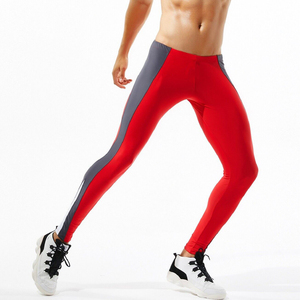 High Waist Color Blocked Red Sport Leggings Full Length <b>Stretch</b> Breathable Quick Dry Knitted Men's Workout Wear - Product Image 1