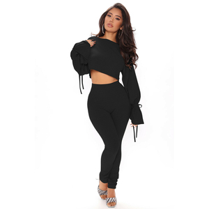 Ensemble de survêtement côtelé grande taille pour femme, col carré, haut court à manches longues, pantalon skinny, tenue décontractée pour le printemps - Product Image 3
