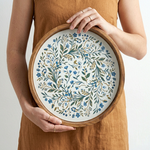 Bandeja Redonda de Madera de Acacia para Restaurantes, con Estampado Floral, Bandejas Decorativas para Bodas, Bandeja de Madera Hecha a Mano, Utensilios de Cocina - Product Image 3