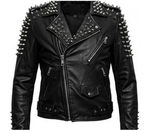 Men's Cowhide Leather <b>Biker</b> <b>Jacket</b> with Spikes Studded Front Design Breathable Polyester Lined Windproof Winter Outerwear - Product Image 3