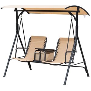 Dondolo da Giardino Beige a 2 Posti con Tettuccio, Seduta Girevole, Tavolino Portaoggetti e Portabicchieri Inclusi per Esterni - Product Image 1