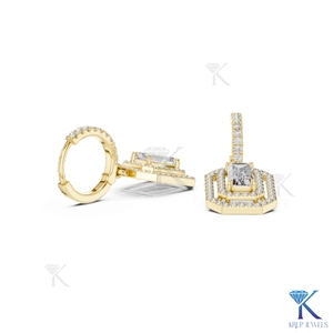 Lab Grown Diamond Emerald Cut Double Halo Drop <b>Earrings</b> Pave <b>Hoop</b> Leverback 18K <b>Solid</b> Gold Classic Fine Women's Wedding Party - Product Image 5