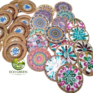 Artisan Shell Mosaic <b>Coaster</b> with Natural Rattan Trim Handmade Decorative <b>Drink</b> Mat Souvenir Gift Item - Product Image 1
