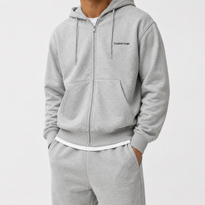 Sweat à capuche gris personnalisé à fermeture éclair intégrale en molleton de coton épais avec logo brodé, coupe classique, style streetwear, poche kangourou, OEM ODM, unisexe - Product Image 1
