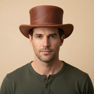 Brown Leather Top Hat High Crown Vintage Distressed <b>Fedora</b> Hat for <b>Men</b> Classic Formal Party Costume - Product Image 3
