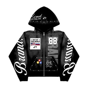 Vente en gros de sweats à capuche zippés personnalisés de luxe avec strass, streetwear lourd pour hommes, fabrication OEM ODM sous marque privée - Product Image 4