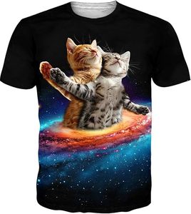 Camiseta de manga corta con cuello redondo para hombre, con estampado de gatos abrazándose en la galaxia espacial, informal, de corte regular, de poliéster tejido con estampado digital - Product Image 1