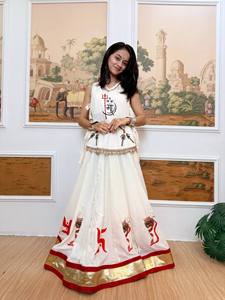 Traditional Indian Women's White Cotton <b>Lehenga</b> Set With <b>Red</b> Swastika Print Floor-Length Loose Fit For Diwali Occasion - Product Image 3