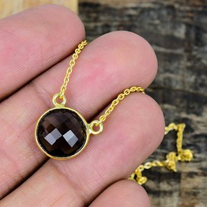 Collier avec pendentif en quartz fumé naturel de forme ronde, chaîne en argent sterling 925 plaqué or 18 carats - Product Image 4