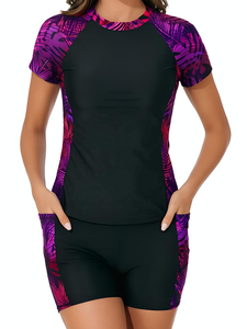<b>Short</b> Sleeve Anti-UV Digital Print Front Rash Guard <b>Swim</b> Shirt <b>Shorts</b> Set UPF Printed Modest Beach Swimwear Spandex/Polyester - Product Image 2