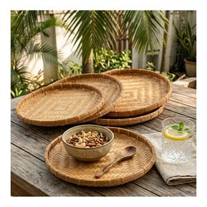 Traditional Handmade Bamboo <b>Tray</b> Round Woven <b>Serving</b> <b>Tray</b> for Food Fruit Bread Display Kitchen and Dining Table - Product Image 4