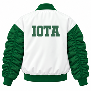 เสื้อแจ็คเก็ตวาร์ซิตี้ผ้าซาตินสีเขียวขาวสำหรับผู้หญิง ยี่ห้อ Iota Phi Lambda  ติดกระดุมแบบ Snap  แขนพองจับจีบ  ทรงบอมเบอร์สไตล์วิทยาลัย - Product Image 4