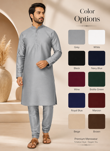 Custom <b>Men</b> Grey <b>Kurta</b> Pajama Set Ethnic Long <b>Kurta</b> Mandarin Collar Wedding Party Outfit Festival Traditional Dress - Product Image 2