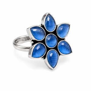 Blue Cat's Eye Flower <b>Ring</b> 925 Sterling Silver Handmade Floral <b>Statement</b> <b>Ring</b> Natural Gemstone Jewelry for Women - Product Image 1
