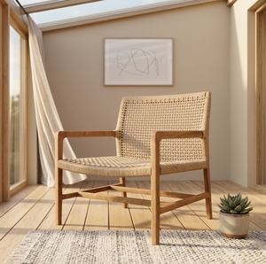 Silla Moderna para Exteriores Chico, Sillón de Madera de Teca de Alta Calidad, Malla de Cuerda Resistente al Agua, Multifuncional para Terraza y Piscina - Product Image 1