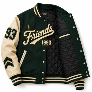Veste universitaire pour homme, corps vert, manches en cuir crème, patch brodé, style preppy, vêtement d'automne, veste universitaire - Product Image 2