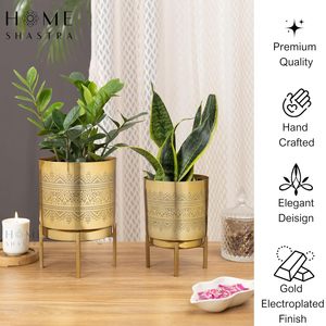 Modern Bohemian Metal Flower Pots With Hand Carved Pattern Indoor Desktop Planters For Green <b>Plants</b> Gold Finish - Product Image 3