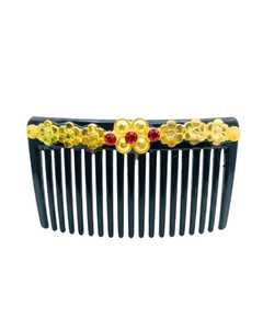 Chinese Style Black <b>Hair</b> <b>Comb</b> with Gold Flower Decor Red Rhinestones Plastic High Quality Fashion Accessory 13 CM - Product Image 3