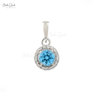 Pendentif Diamant Blanc Halo de Fabricant Asiatique, Or Pur 14 carats, Véritable Topaze Bleue Suisse 4mm, Collier en Pierre Précieuse, Remises sur Commandes en Gros - Product Image 1