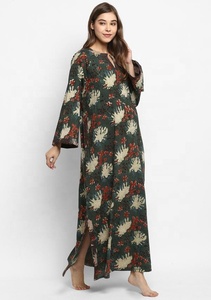 Vestido de noche verde oscuro hasta el suelo rojo marfil estampado Floral bloque de mano estampado manga larga cómodo algodón suave Natural - Product Image 3