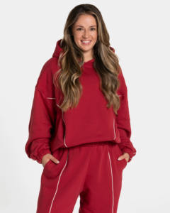 เสื้อฮู้ดสตรีทแวร์โอเวอร์ไซส์สีแดงสำหรับฤดูหนาว แต่งแถบสีตัดกัน ไหล่ตก ผ้าฝ้ายฟลีซ 100% สไตล์สปอร์ต - Product Image 2