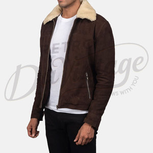 Veste en daim marron pour homme de qualité supérieure avec col en fausse fourrure crème, manteau bomber chaud d'hiver, coupe ajustée, vêtement d'extérieur en daim décontracté - Product Image 5