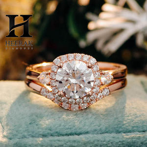 Classic Round Cut Diamond Engagement <b>Ring</b> Two Piece <b>Set</b> Cushion Halo Solitaire With Curved Pave Band For Women - Product Image 4
