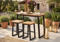 Ensemble de table à manger d'extérieur en bois de caoutchouc moderne avec pieds coniques et structure en fer, design minimaliste pour meubles de jardin et de terrasse