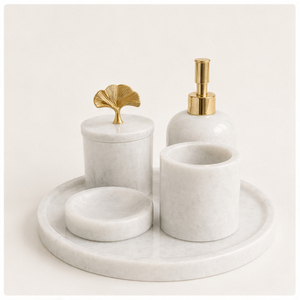 Natural White Marble Bathroom Accessory Set Modern Handcrafted Stone Organizer with Soap Dispenser <b>Toothbrush</b> <b>Holder</b> Best Price - Product Image 3