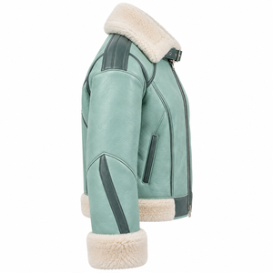Mint Sage Green Womens Genuine Sheepskin Shearling Leather <b>Jacket</b> Cream <b>Fleece</b> Plush Lapel Buckled Collar Winter <b>Warm</b> Coat - Product Image 3