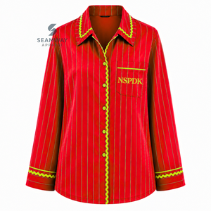 NSPDK Sorority Women's Red Striped Pajama Set Button Front Long Sleeve Sleepwear Contrast Trim Lounge <b>PJs</b> With Drawstring Pants - Product Image 2