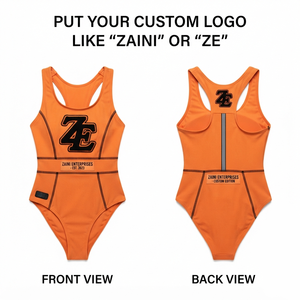 Women Bathing Suit Premium 220 GSM Polyester Spandex Soft <b>Orange</b> One Piece Panelled Swimwear Custom Heat Transfer Logo - Product Image 1