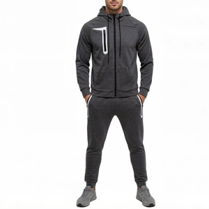 Survêtement gris foncé pour homme, manches longues, capuche, fermeture éclair, couleur unie, style sportif décontracté, coupe classique, automne, adulte - Product Image 1