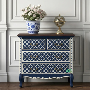 Commode à 4 tiroirs bleu marine avec incrustations en os, meuble de rangement traditionnel pour chambre à coucher - Product Image 1