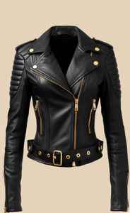 Veste de motard en cuir noir pour femme, faite à la main, coupe ajustée, en cuir véritable, avec détails matelassés aux épaules et ferrures dorées - Product Image 2