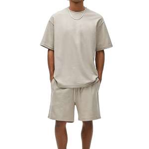 Conjunto de camiseta y pantalones cortos de verano para hombre, 100% algodón, estilo casual, liso, talla grande, ropa urbana, manga corta, 2 piezas. - Product Image 1