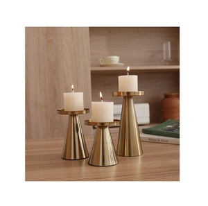 Gold Pillar Candle Holder Set of 3 <b>Brushed</b> Brass Conical Candle Stands Minimalist Taper Pillar Pedestals for Dining Table Decor - Product Image 1