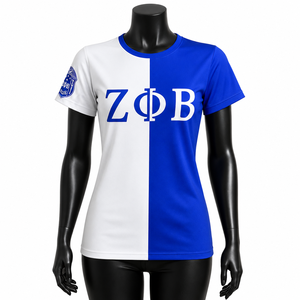 Elegant Casual Zeta Sorority 100% Cotton Tee Blue White Chenille Patch Greek Shirt with <b>Silver</b> Trim Embroidery Eco-Friendly - Product Image 1