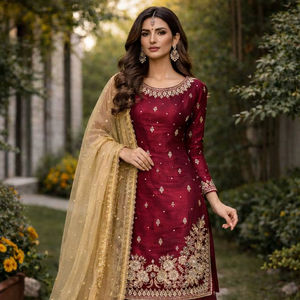 Conjunto de Kurti y Palazzo de Seda JC de Lujo con Bordado y Dupatta con Adornos de Moti para Bodas y Fiestas - Product Image 1