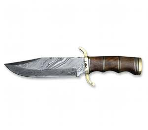 Couteau utilitaire fixe lourd en acier Damas à double courbure avec poignée en bois de noyer et crossguard en laiton - Product Image 2